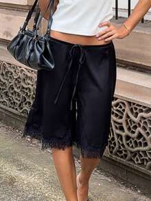 NOIRLYN Women's Winter Elegant Casual Satin Lace Trim Shorts, High Waist Flowy Loose Wide Leg Straight Drawstring Y2K Mid-Length Separates - Black - View 4