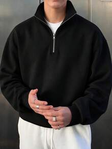 Men's Black Half-Zip Collar Cross Print Sweatshirt, Minimalist Casual Loose Fit Pullover Top - Black - View 1