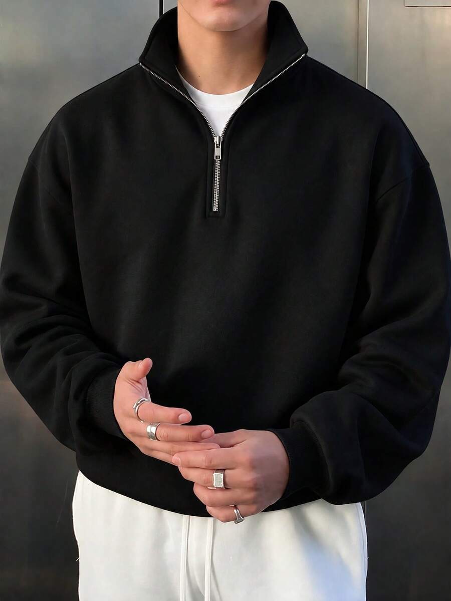 Men's Black Half-Zip Collar Cross Print Sweatshirt, Minimalist Casual Loose Fit Pullover Top - Black - View 1