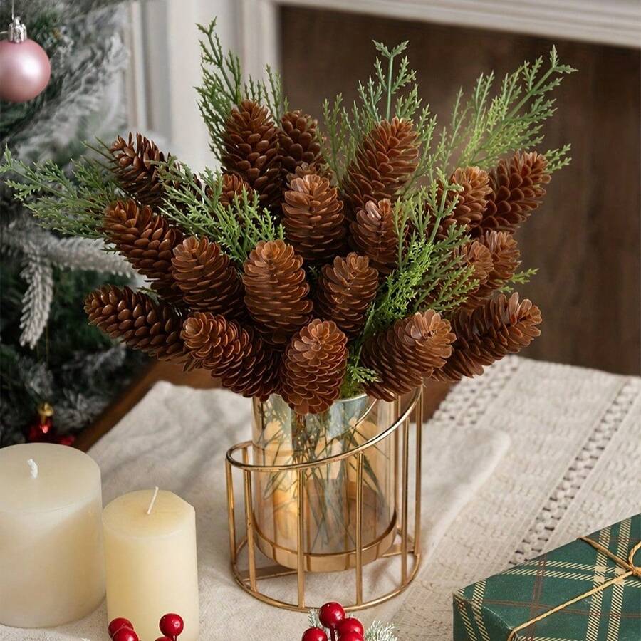 22pcs Artificial Christmas Pine Cones, Suitable For DIY Christmas Wreaths, Christmas Tree Gap Filling, Holiday Table Floral Arrangements, Window Display Decor, Yard Christmas Vine Assembly Bouquets, Wedding And Home Party Decorations, Artificial PE Pine Cones, Christmas Home Decor, Artificial Christmas Plants, Easily Create A Warm And Healing Winter Christmas Home Atmosphere - Container Not Included