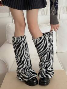 1 Pair Women's Zebra Stripe Fuzzy Leg Warmers, Flared Ruffle Hem Long Leg Sleeves, Y2K Style, Cool Cow Print Warm Leg Covers - Multicolor - View 8