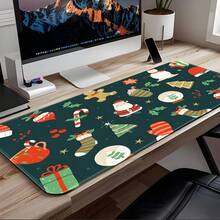 1pc Deep Green Christmas Cartoon Large Extended Mouse Pad, Cute Santa Claus Holiday Pattern Desk Mat, Non-Slip Rubber Base Stitched Edge Soft Fabric Keyboard Pad, Suitable For Office Gaming, Christmas Gift - Mouse Pad - View 6