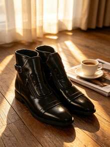 New Men's Ankle Boots With Buckle And Side Zipper, British Style Leather Boots, Versatile Boots For Party And Dating - Black - View 5