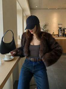 Women's Autumn Fashion Elegant Casual Brown Faux Fur Short Long Sleeve Jacket, Suitable For Outings And Vacations - Coffee Brown - View 1