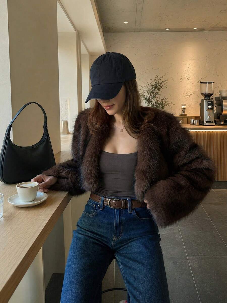 Women's Autumn Fashion Elegant Casual Brown Faux Fur Short Long Sleeve Jacket, Suitable For Outings And Vacations - Coffee Brown - View 1
