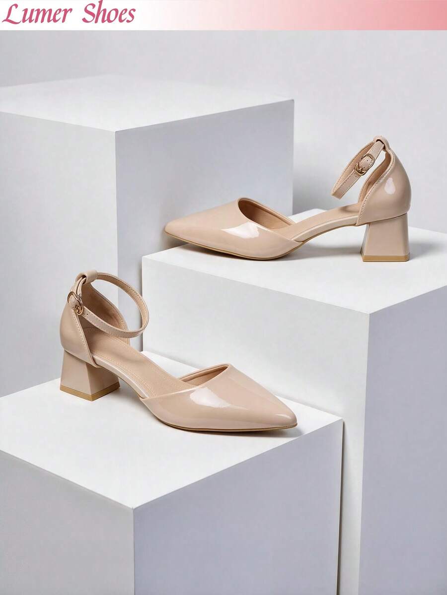 Minimalist Solid Color Pointed Toe Slingback Chunky Heel Pumps, Quiet Luxury Style For Business, Cocktail Party And Casual Vacation Travel - Apricot - View 1