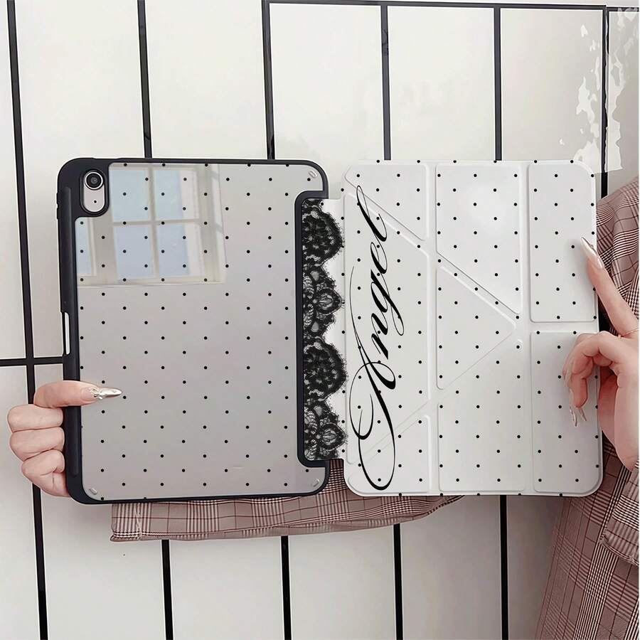 波點天使手寫風黑色蕾絲平板保護殼，附筆槽，相容 iPad 10th Gen/Air 13(M3 2025)/Air 11(M3 2025)/11(A16 2025)/相容 Galaxy S9/S7/S10+/相容 Galaxy Tab S6 Lite 10.4 吋/相容 MatePad