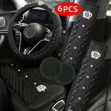 6pcs Car Interior Accessories Set, Bling Bling Rhinestone Steering Wheel Cover, Seat Belt Shoulder Pad, Armrest Cover/Pad, Cup Holder Coaster, Universal Size, All Season - Multicolor - View 4
