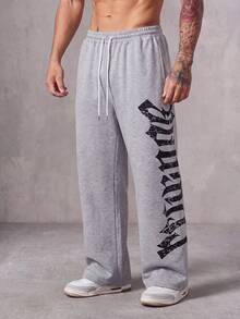 MAISONFOX Men's Letter Print Drawstring Waist Straight Leg Long Casual Pants, Suitable For Outings, Parties, Back To School, Sports, Fitness, Autumn Wear - Light Grey - View 5