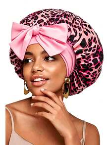 CONFLASS Women's Leopard Print Elastic Satin Round Cap, Faux Silk Sleep Cap, Makeup Cap, Hair Cap, Polyester Fiber Cap, Suitable For Daily Use - Leopard Print - View 18