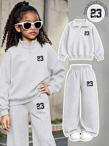 2pcs Girls Outfit Set, Includes Half-Zip Polo Sweatshirt (Embroidered 23 Number) And Loose Wide Leg Pants, Casual Style Autumn/Winter Set - Light Grey - View 1