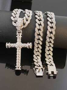 Full Rhinestone Twisted Double-Sided Cylindrical Cross Pendant Necklace, Rhinestone Cuban Chain, Men's Hip Hop Shiny Personalized Party Jewelry - Double-sided Full-diamond 3D Cross - View 17