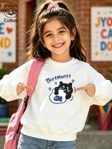 Kids Cute Casual Crewneck Sweatshirt With Cartoon Cat Print, Blue Text & Pattern Decor, White Cotton Long Sleeve Top - White - View 10