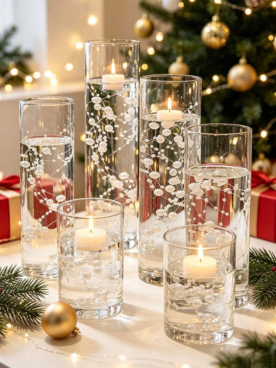 5pcs Floating Candle Vase Filler 1.4m Pearl Garland Wedding Tabletop Decor, Faux Pearl Beaded Plastic Chain Party Decoration, Home Decor Prop Gift For Birthday Graduation - Multicolor - View 1