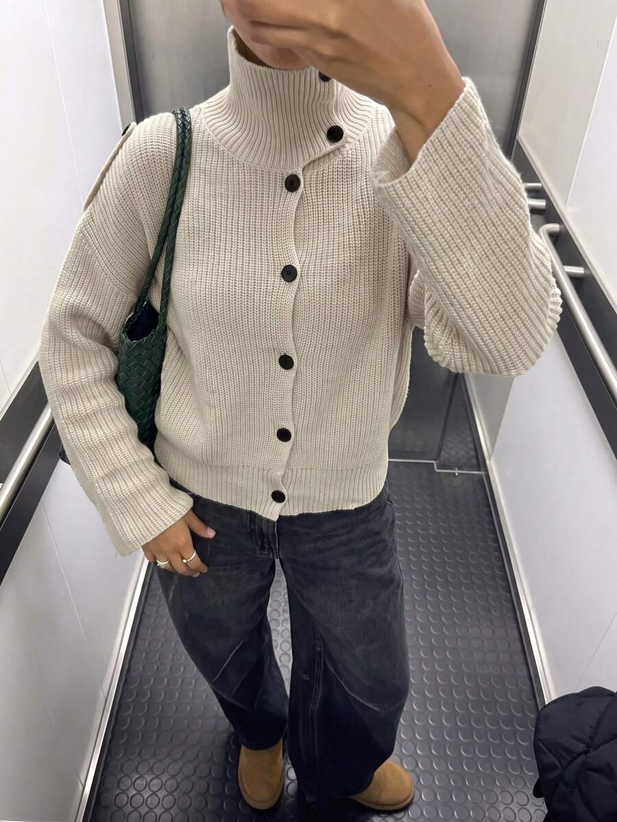 NOVELLE Women's Elegant Diagonal Button High Neck Knit Cardigan, Autumn Winter Lazy Style Loose Long Sleeve, For Daily Outings, Commute And Dating - Beige - View 1