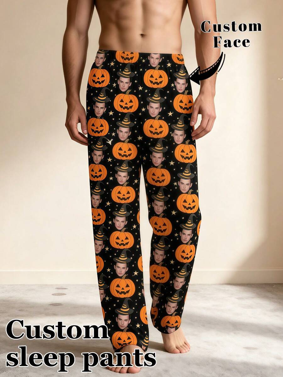 1pc Men's Customized Face Photo Halloween Pumpkin Witch Hat Pajama Pants, Personalized Men's Loungewear Pajama Pants, Gift For Boyfriend - Multicolor - View 1