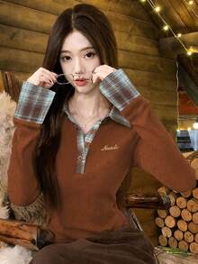 Women's 2 In 1 Patchwork Plaid Polo Collar Red Long Sleeve Brushed Slim Fit Base Layer Top - Brown - View 3