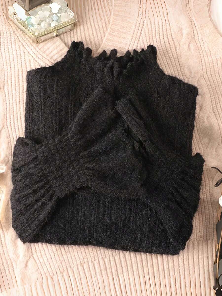 Women's High Neck Brushed Lace Base Layer Top, Autumn/Winter New Style Sweater Inner Layer, Layering Warm Chic Blouse - Black - View 1