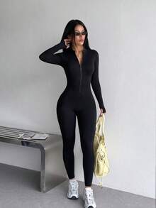 Women's Seamless Elastic Jumpsuit With Front Zipper Design, High Waist Cut To Flatter And Lift The Body, Black - Black - View 1