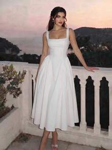 Dirp Noir Women's Autumn Elegant Plaid Square Neck Wide Strap Ruched Midi Dress, National Day, Graduation, Back To School, Party - White - View 3