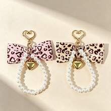 1PC Leopard Bow Pearl Keychain, Heart Charm Bag Pendant, Birthday, Christmas Gift For Women - Multicolor - View 1