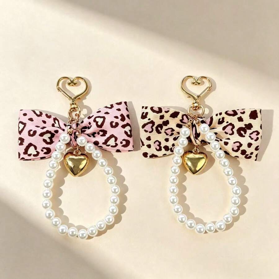 1PC Leopard Bow Pearl Keychain, Heart Charm Bag Pendant, Birthday, Christmas Gift For Women - Multicolor - View 1