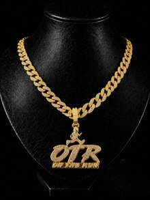 ON THE RUN Letter Pendant Cuban Chain, Personalized Running Figure Design Gold & Silver Dual-Tone Necklace, Hip Hop Rap Men's Gift Jewelry - Off-the-road - View 2