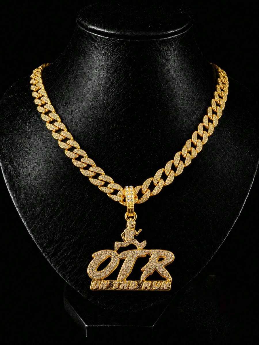 ON THE RUN Letter Pendant Cuban Chain, Personalized Running Figure Design Gold & Silver Dual-Tone Necklace, Hip Hop Rap Men's Gift Jewelry