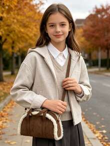 1pc Maillard Vintage Style Lamb Wool Patchwork Handbag, Adjustable Shoulder Strap Crossbody Small Bag, Lightweight Shoulder Bag. Suitable For Girls/Children/Students, Perfect For Autumn Outings, Shopping, Daily Commute. - Multicolor - View 7