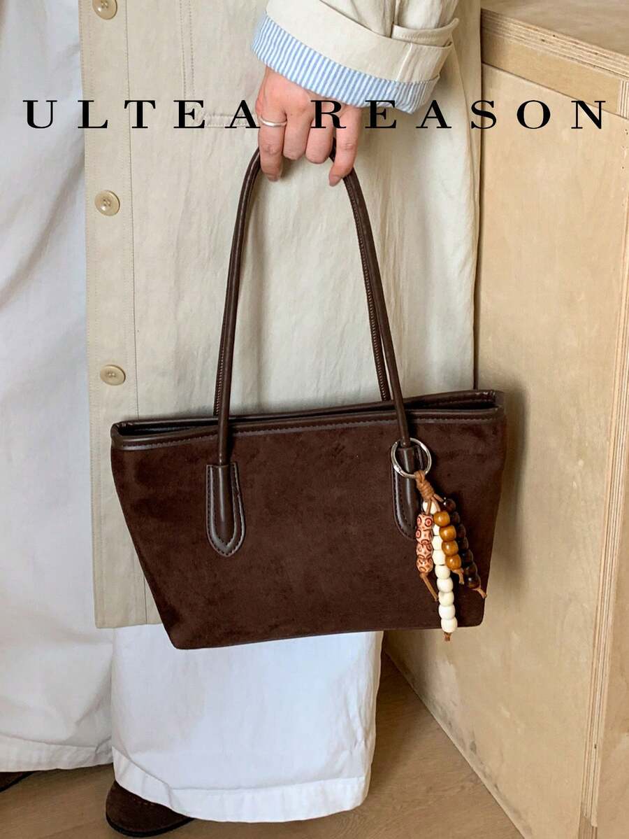 1pc Solid Color Suede Shoulder Bag, Women's Vintage Casual Tote Bag, Zipper Closure, Large Capacity, Suitable For Daily, Work, School Use - Coffee - View 1