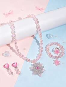 5pcs/Set Christmas Snowflake Pendant Crystal Beaded Necklace Bracelet Ring Ear Clips Children Jewelry Set Cute Jewelry Accessories Gift For Girls - Multicolor - View 4