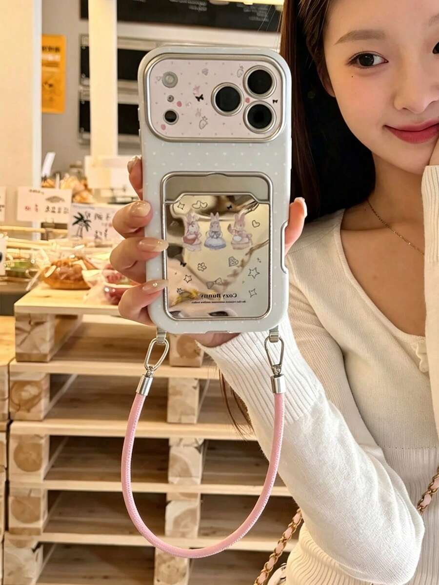 1件可愛兔子印花手機殼，附背面卡槽與鏡面設計，粉色防摔掛繩保護殼，甜美女孩風，閨蜜禮物，適用 18 Pro Max/18 Pro/17 Pro Max/17 Pro/17/16 Pro Max/16 Pro/16/15 Pro Max/15 Pro/15/14 Pro Max/14 Pro/14/13 Pro Max/13 Pro/13/12 Pro Max/12 Pro/12/11 Pro Max/11 Pro/11