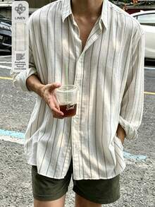 Men's Korean Style Striped Linen-Like Long Sleeve Shirt - Beige - View 1