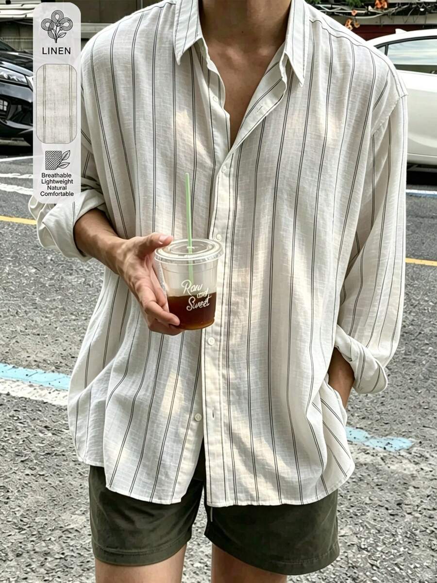Men's Korean Style Striped Linen-Like Long Sleeve Shirt - Beige - View 1
