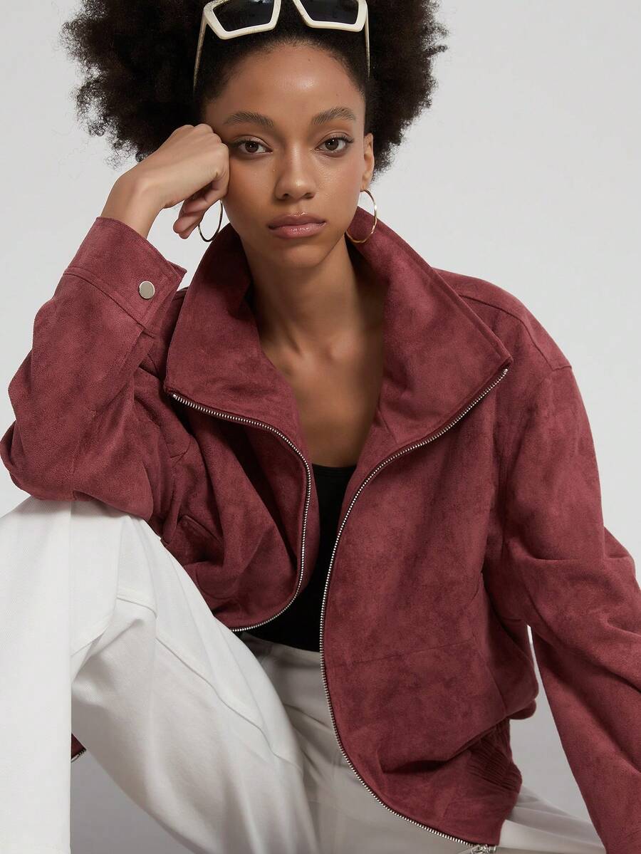 Se-Helo Women's Autumn/Winter Burgundy Turn-Down Collar Zipper Dropped Shoulder Ribbed Hem Loose Short Jacket - Burgundy - View 1