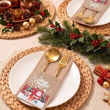 5pcs Christmas Jute Tableware Bags, Reusable, Portable Storage For Cutlery And Napkins, Suitable For Christmas, Birthday Party, New Year, Thanksgiving Decoration - Multicolor - View 8