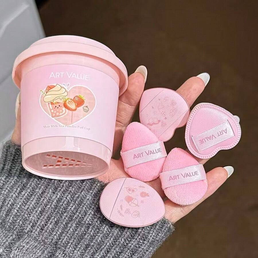 5pcs Cute Milk Tea Cup Makeup Puffs, Flocked Heart-Shaped Makeup Sponge Applicators For Foundation, Concealer & Blush, Wet & Dry Face Puffs For Setting, Contouring & Daily Makeup Application, Beauty Makeup Accessories - Multicolor - View 1