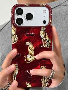 Luxury Leopard Print Cherry Blossom Glacier Texture Phone Case, Compatible With IPhone 18 Pro Max 18 Pro 17 Pro Max 17 Pro 17 16 Pro Max 16 Pro 16 15 Pro Max 15 Pro 15 14 Pro Max 14 Pro 14 13 Pro Max 13 Pro 13 12 11, Vintage Beast Aesthetic Glossy Soft Protective Shell - Burgundy Leopard Cherry - View 1