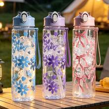 1pc 750ml Baby Water Bottle With Bow, Cartoon Pattern, Anti-Drip Straw Cup, Portable Leak-Proof Baby Water Bottle, Large Capacity Sports Water Bottle For Summer - Clear - View 1