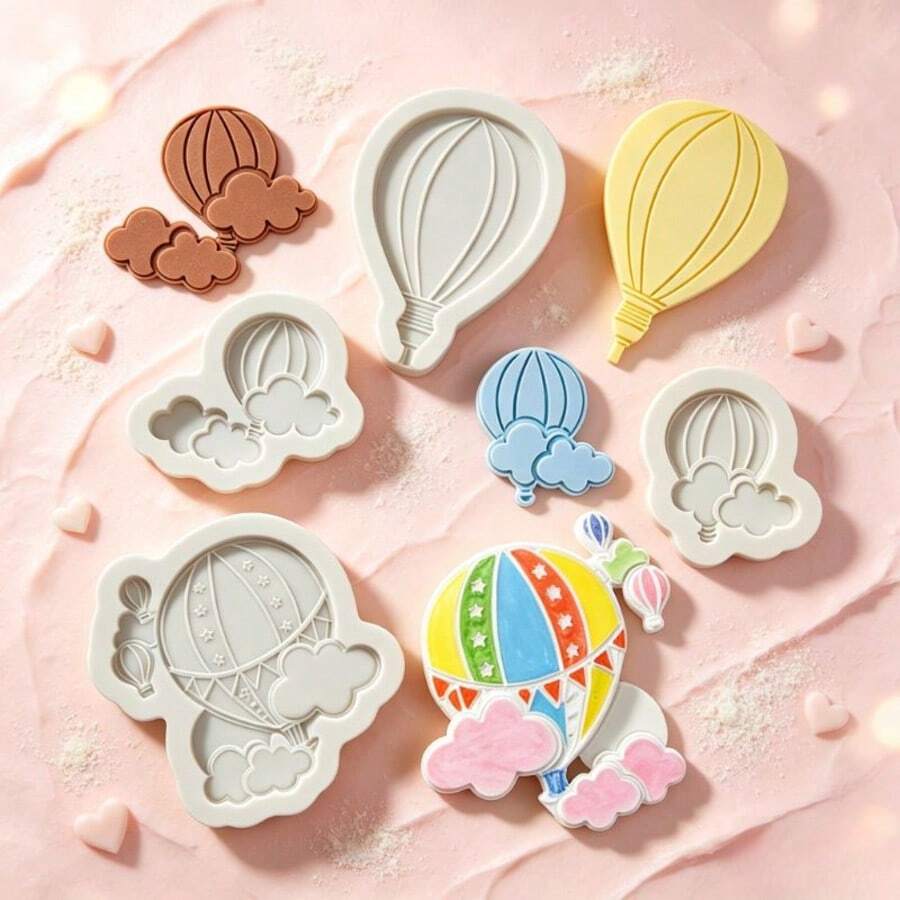 4Pcs Hot Air Balloon Cloud Silicone Mold Non-Stick Fondant Candy Chocolate Baking Tool For Cake Decoration DIY,Cupcake Topper, Soap, Candle