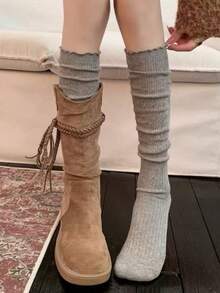 1 Pair Ruffled Thigh High Socks, Suitable For Boots, Women's Spring/Autumn JK Socks, White Ruffled Over-The-Knee Socks, Knee-High Boots, Leg Warmers - Multicolor - View 3