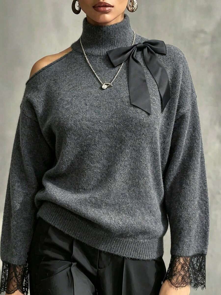 Plus Size Autumn/Winter Cold Shoulder High Neck Sweater, Detachable Bow Decor Lace Cuff Long Sleeve Loose Knit Pullover - Dark Grey - View 1