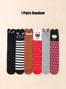 1/6 Pairs Random Kids Cute Cartoon Animal Knee High Socks, Girls Striped Polka Dot Long Boot Socks, Warm Fall Winter Stockings, Costumes For Girls - Multicolor - View 13