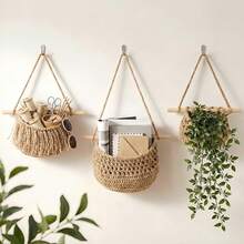 3-Tier Bohemian Style Wall-Mounted Hand-Woven Natural Rope Storage Basket, Rustic Hanging Fruit Vegetable Organizer, Space Saving Multi-Functional Macrame Decor For Kitchen Pantry Bathroom Entryway - Multicolor - View 5