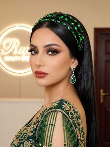 1Pc Shiny Multi Layer Rhinestone Headband Elegant Bridal Headpiece Fashion Women Wedding Party Prom Vacation Hair Accessory - Green - View 5