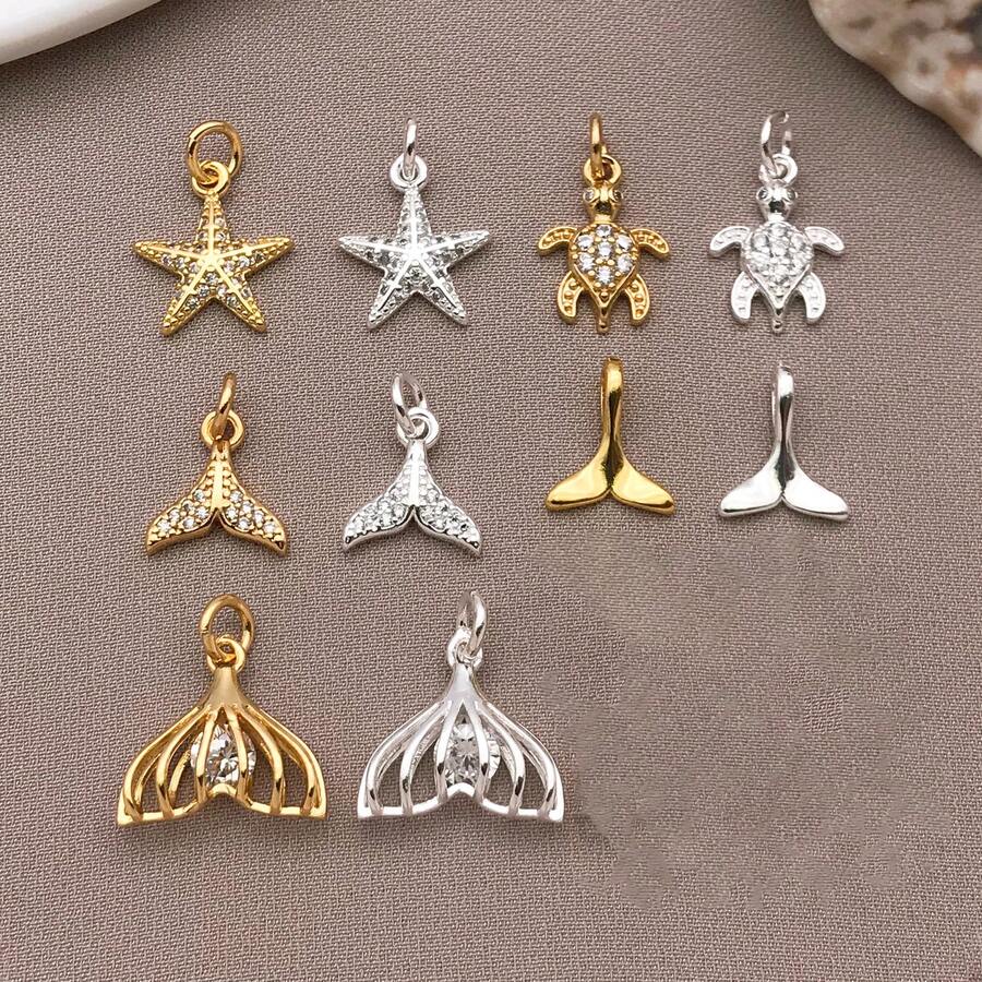 2pcs Ocean Beach Style Zirconia Pendant Charms 18K Plated Mermaid Tail Starfish Turtle Charm For DIY Jewelry Making Craft Supplies - Multicolor - View 1