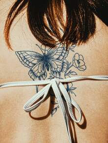 1pc Herbal Juice Semi-Permanent Magic Tattoo Sticker, Personalized Butterfly & Floral Pattern, Long-Lasting 14 Days, Non-Fading, Non-Reflective, Temporary Tattoo For Arm, Waist, Belly, Back, Leg, Body - Blue - View 4