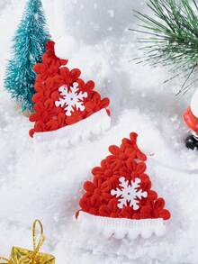 2pcs Red Christmas Hair Clips, Fabric Christmas Hat Snowflake Cute Flower Decor Hair Clips, Children Girls Christmas Gift Cute Hair Accessories - Red - View 4