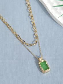 1 Set Luxury Double Layer Stacked Green Square Pendant Necklace For Women, Thick Chain With Raw Stone Pendant, Collarbone Chain, Vacation Wedding Party Accessory - Multicolor - View 4
