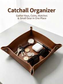 1PC Foldable Leather Multi-Function Storage Tray, Suitable For Storing Keys, Jewelry, Coins And Other Items, Desktop Storage Organizer, Desktop Storage, Enclosure Design Prevents Small Items From Rolling Off, Can Be Flattened When Not In Use To Save Space, Suitable For Entryway Key Storage, Doorway Coin Storage, Vanity Jewelry Storage, Office Desk Small Stationery Storage, Bedside Table Personal Item Storage, Also Can Be Used As A Gift. - Multicolor - View 3